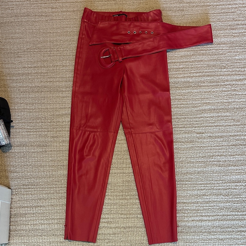 Red Faux Leather Pants with Belt